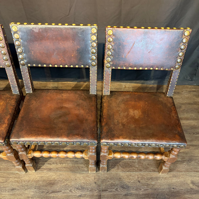 French Antique Set of Leather and Nailhead Dining Chairs with Bobbin Legs