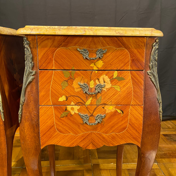 Pair French Louis XV Satinwood Nightstands with Inlaid Marquetry and Marble Tops
