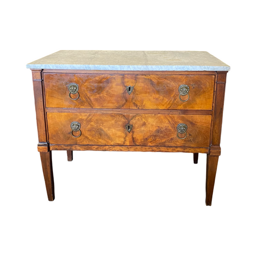 Early 19th Century French Continental Neoclassical Fruitwood Directoire Commode with Lion Pulls and Original Marble Top