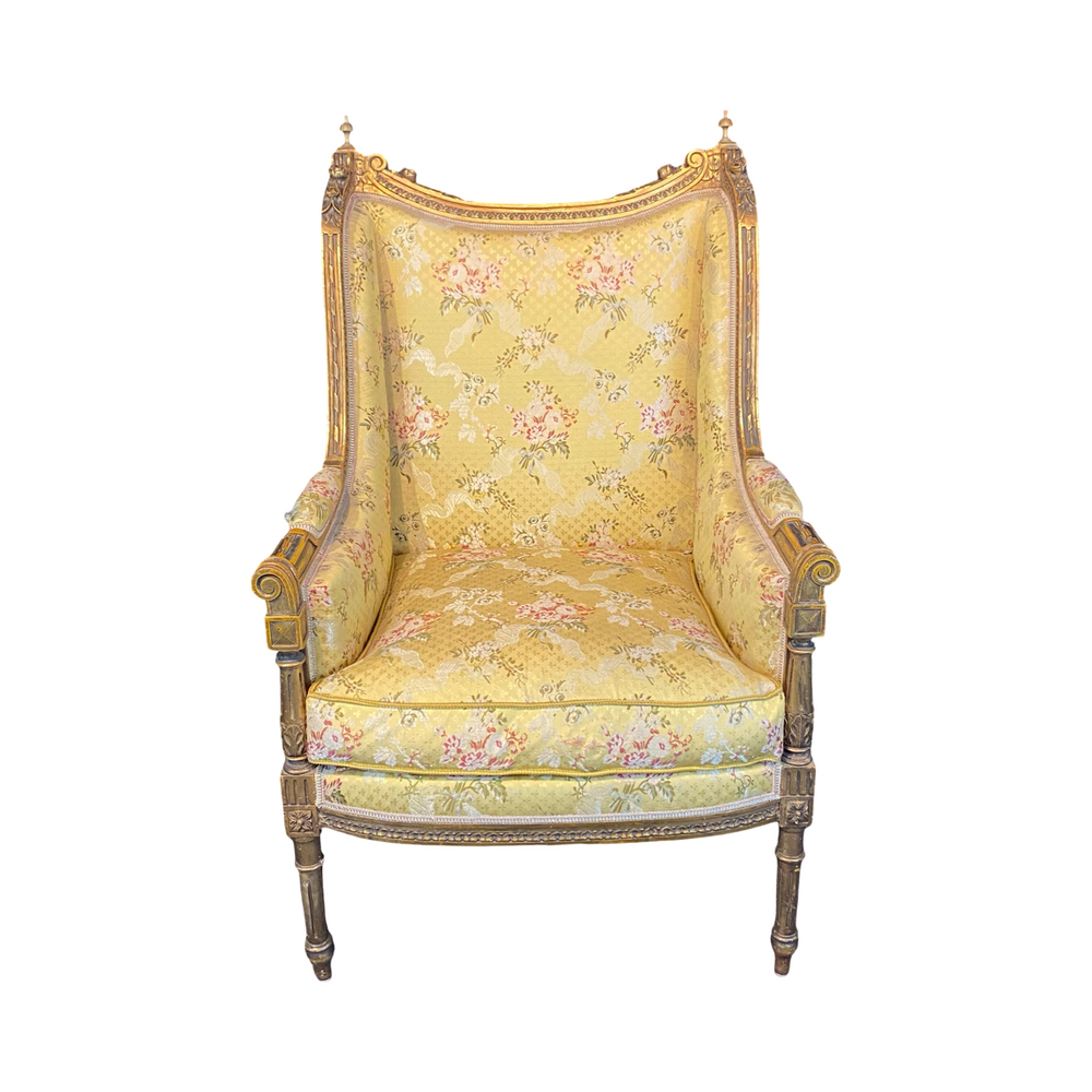 French Louis XVI Early 20th Century Giltwood Wingback Bergere Carved Armchair