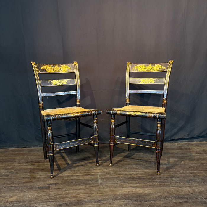 Early 19th Century American Painted Hitchcock-Style Side Chairs with Rush Seats and Gilt Stenciling