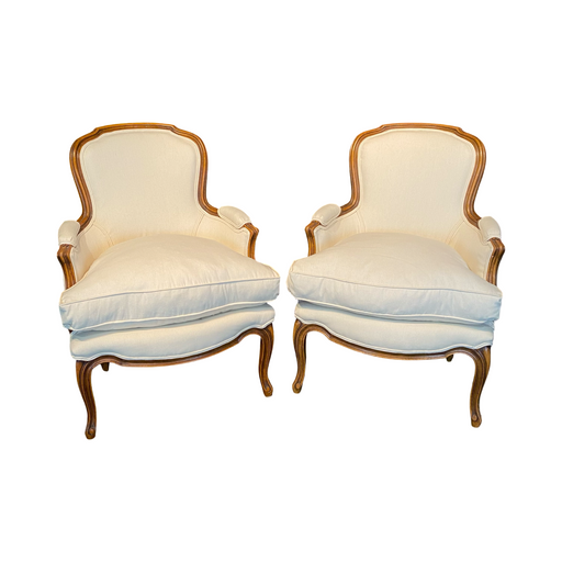 Antique French Louis XV Armchairs or Bergere Chairs Carved Walnut Newly Upholstered