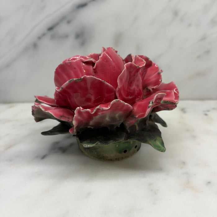 Antique French Pink Porcelain Rose Flower Sculpture with Green Leaves