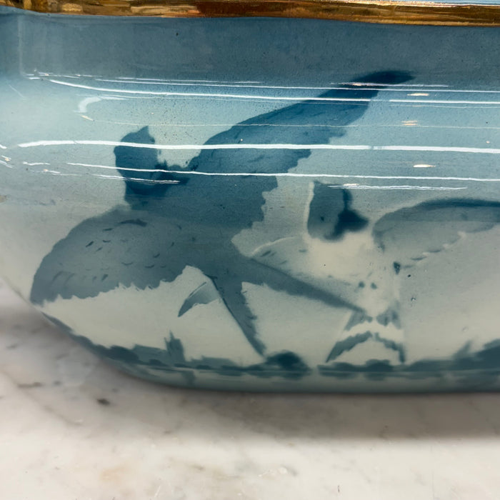 French Faience Three-Piece Vase and Jardinière Set with Swallows by Keller and Guerin