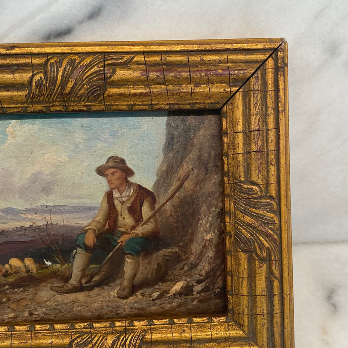 French 19th Century Signed Oil Painting of a Shepherd in Giltwood Frame