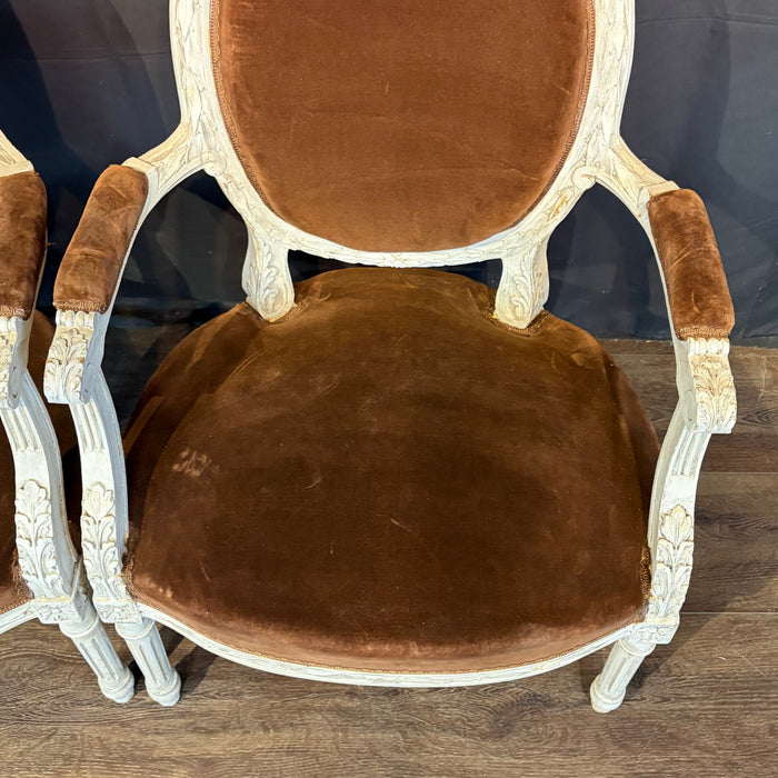 Pair of 19th Century French Louis XVI Carved and Painted Fauteuil Armchairs with Exceptional Carving