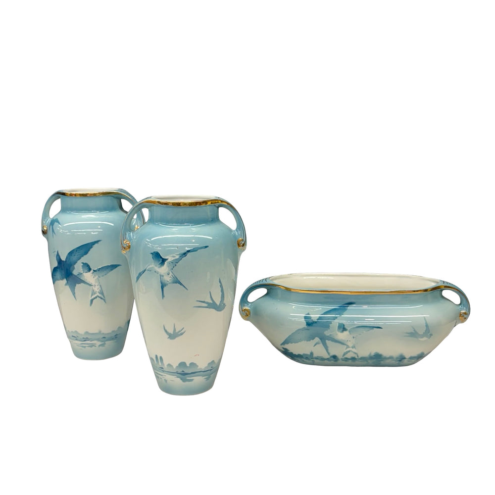 French Faience Three-Piece Vase and Jardinière Set with Swallows by Keller and Guerin