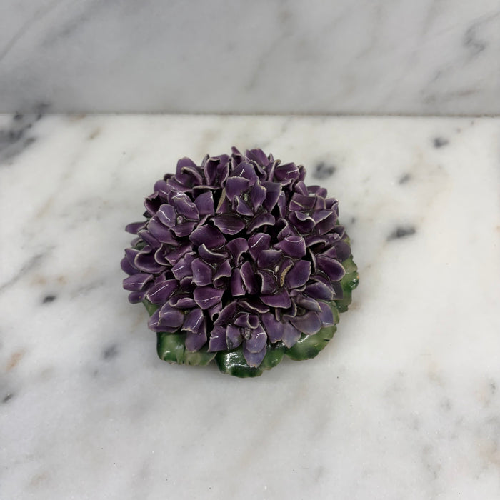 Antique French Purple Violet Porcelain Flower Bouquet with Green Leaves