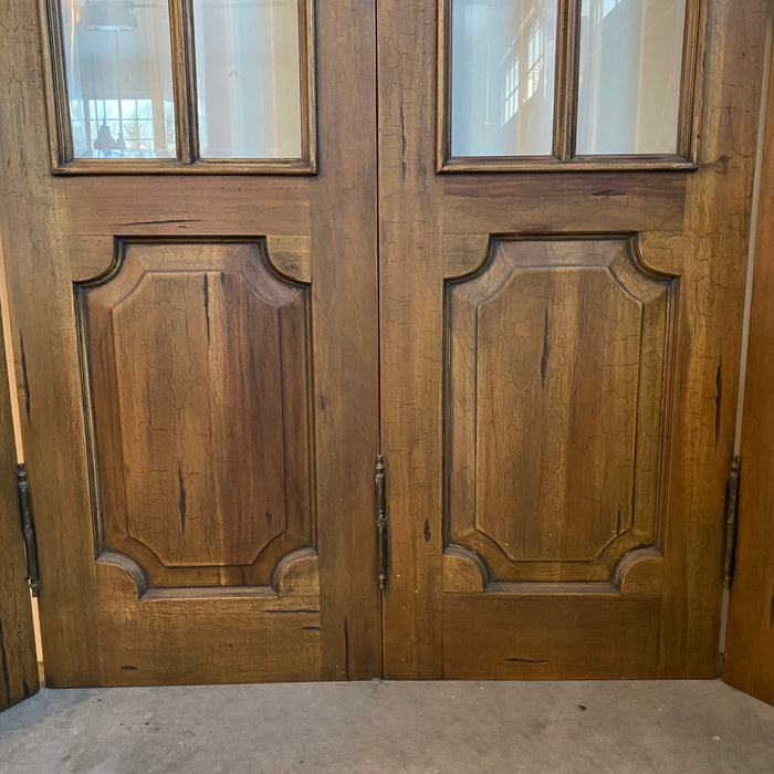 Antique French Four-Panel Folding Screen Room Divider with Beveled Glass Panels