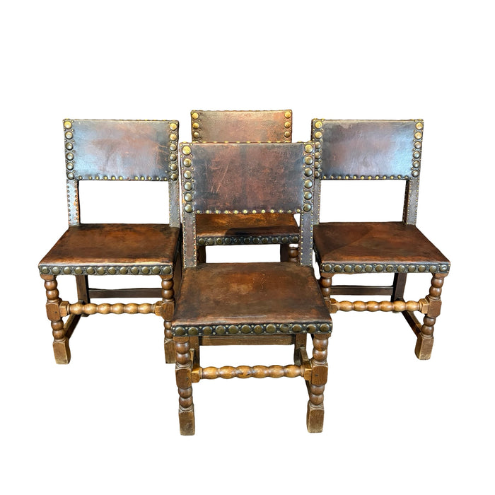 French Antique Set of Leather and Nailhead Dining Chairs with Bobbin Legs