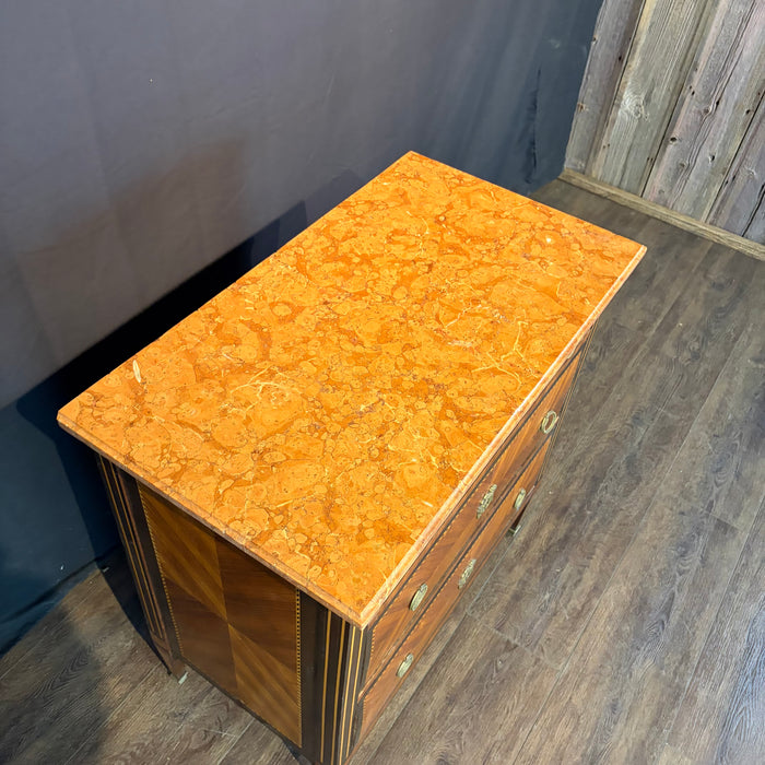 French Neoclassical Louis XVI Marble Top Parquetry Commode or Chest of Drawers