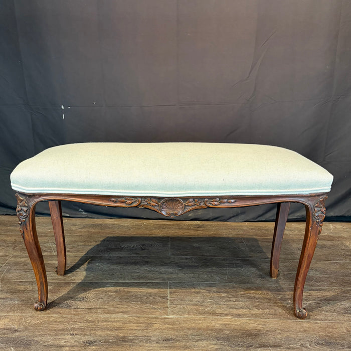 Antique French Louis XV Carved Walnut Bench with New Linen Upholstery