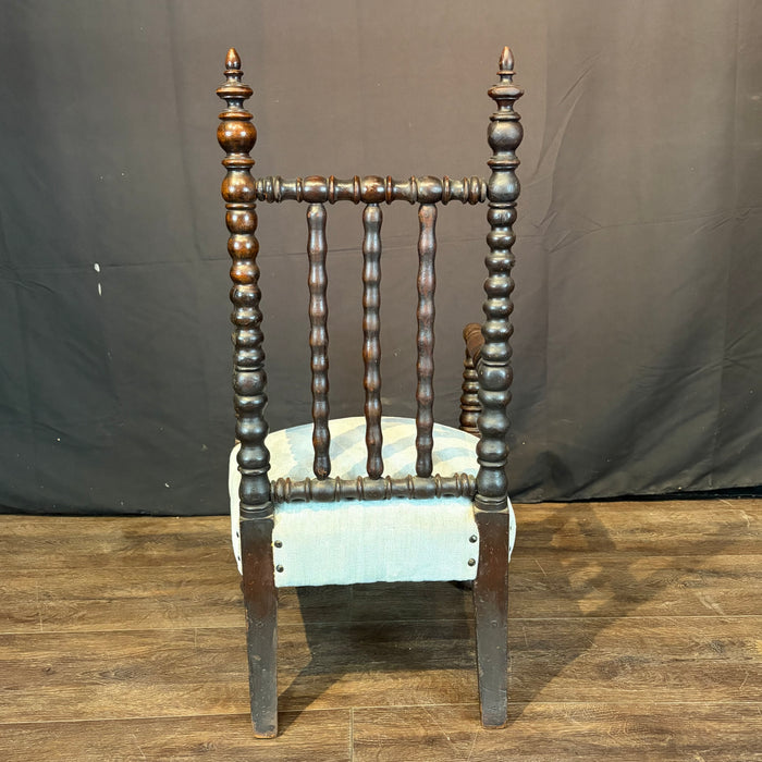 Antique Child’s Turned Wood Bobbin Spindle Armchair Nursery Chair with Finial Posts