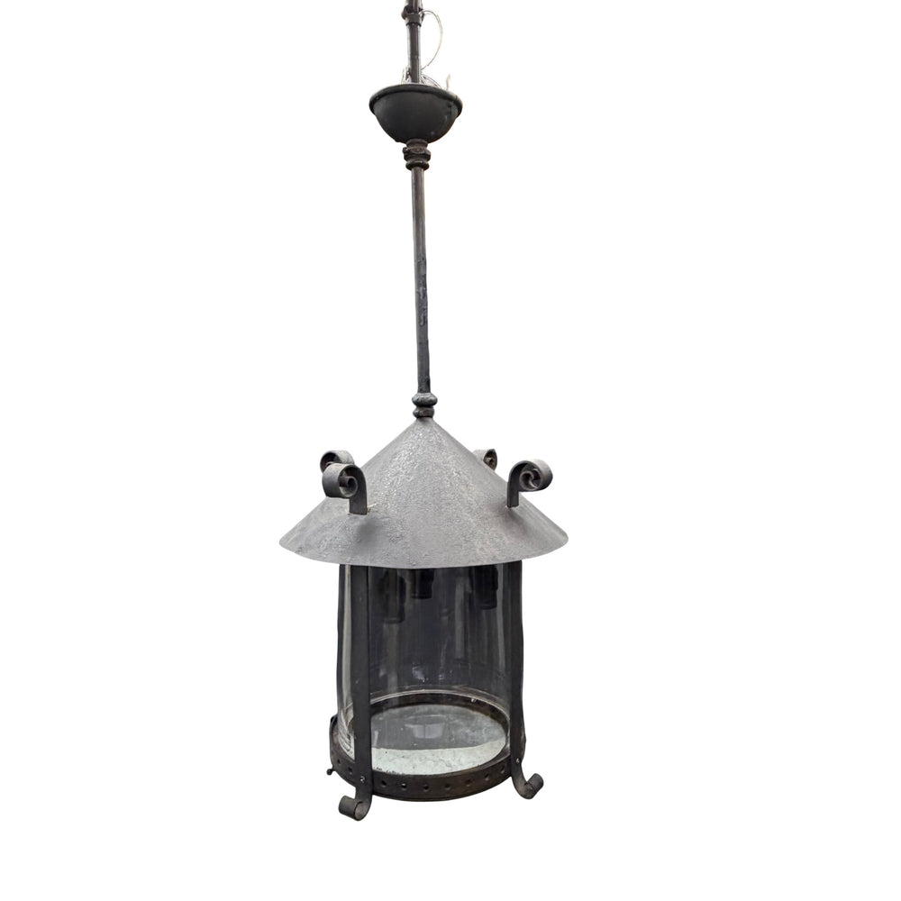 Antique Cast Iron Gas Lantern Pendant Light, Converted Gas Ceiling Fixture with Glass Shade