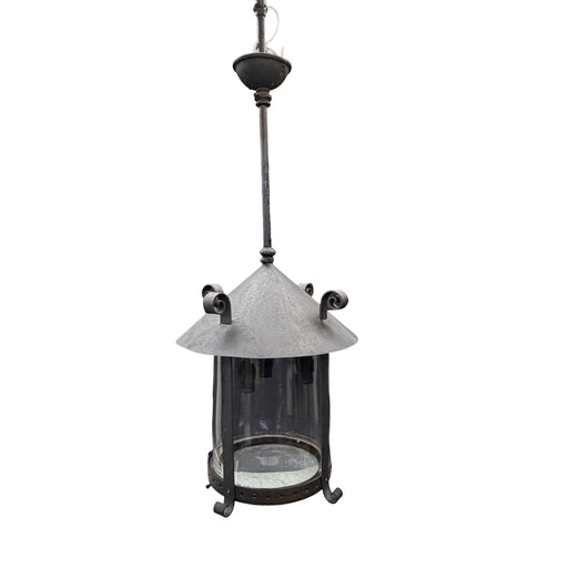 Antique Cast Iron Gas Lantern Pendant Light, Converted Gas Ceiling Fixture with Glass Shade