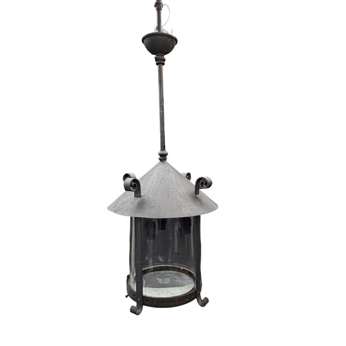 Antique Cast Iron Gas Lantern Pendant Light, Converted Gas Ceiling Fixture with Glass Shade