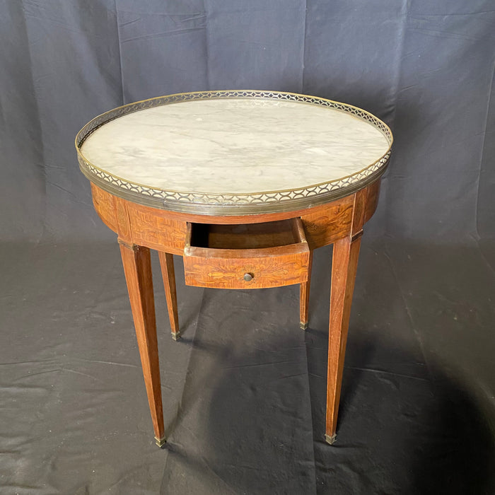 19th Century French Round Carrera Marble Top Side Table, Accent Table or Bouillotte Table with Exquisite Ribbon Marquetry and Bronze Gallery