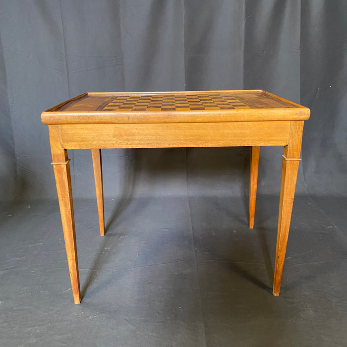 French Louis XVI Walnut Game Table with Reversible Embossed Leather Top, Marquetry Games Play Board and Inlaid Backgammon Board