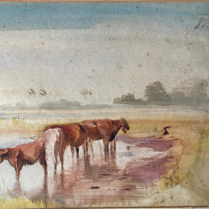 Listed British Artist Bernard Harper Wiles (1883-1966) - Watercolor Painting of Cows on a River's Edge
