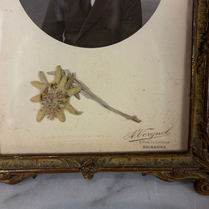 Antique French Ornate Gilt Metal Photo Frame with Original Portrait & Pressed Edelweiss