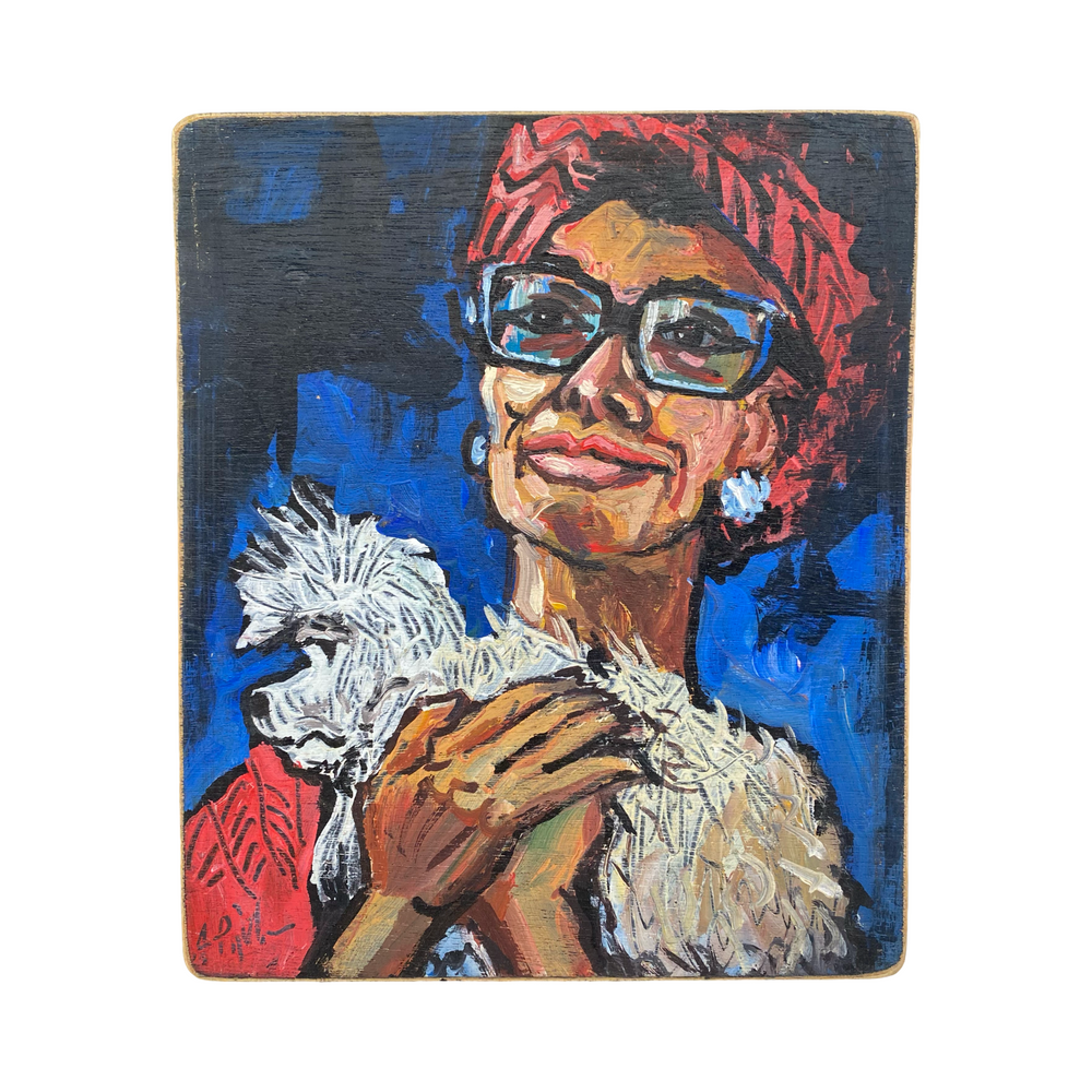 Original Oil Portrait of Woman and Pet White Maltese or Shih Tzu Dog British Signed Pet Portrait