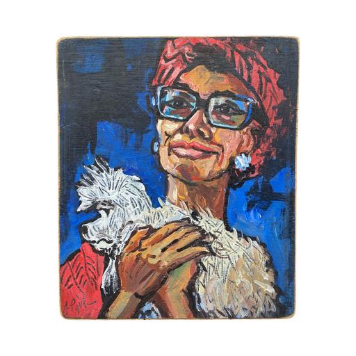 Original Oil Portrait of Woman and Pet White Maltese or Shih Tzu Dog British Signed Pet Portrait