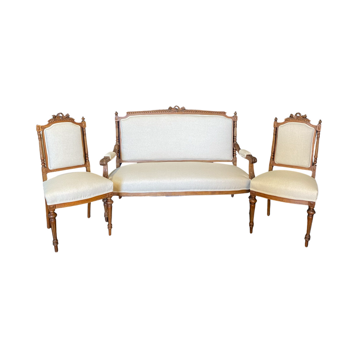 French Louis XVI Walnut Parlor Suite Set: Sofa, Loveseat or Settee with a Pair of Carved Side Chairs