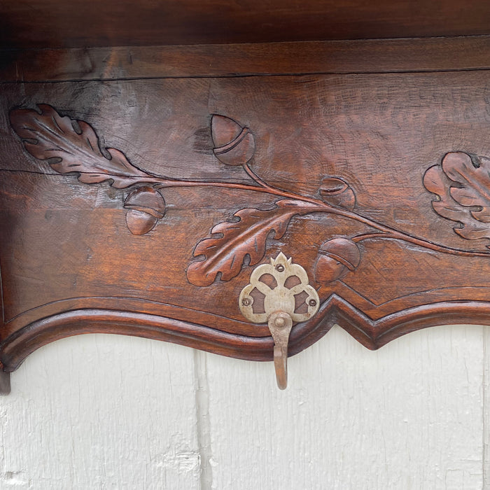 Antique Hand Carved 19th Century Walnut Hat and Coat Rack and Wall Shelf or Bookshelf with Hooks