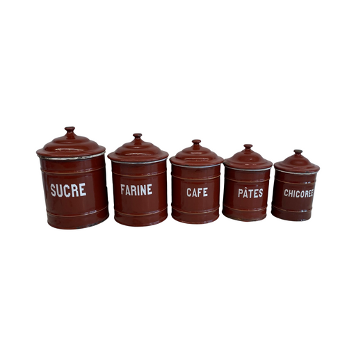 Set of Five French Reddish Brown Enamel Kitchen Canisters with Original Lids