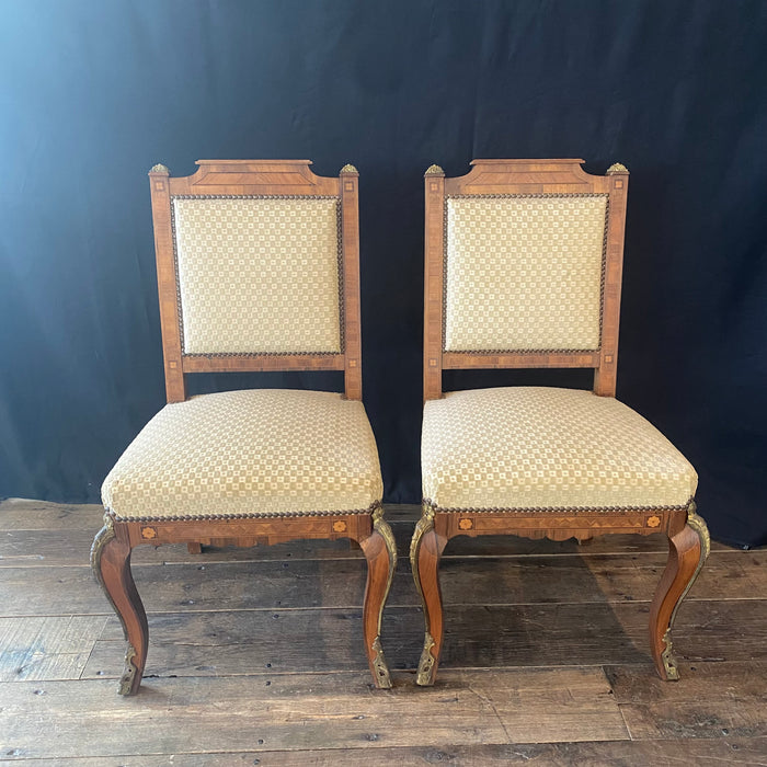 Pair of Antique French Neoclassical Side Chairs or Accent Chairs with Spectacular Inlay and Bronze Mounts