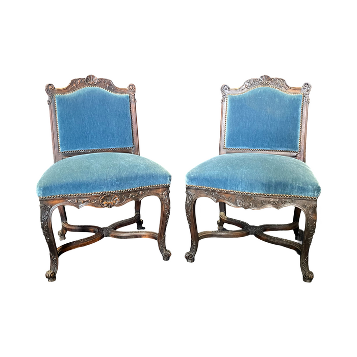 Pair of 19th Century French Louis XV Chairs with Original Blue Mohair Upholstery Accent Chairs or Parlor Chairs