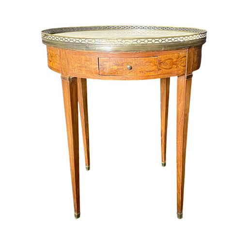 19th Century French Round Carrera Marble Top Side Table, Accent Table or Bouillotte Table with Exquisite Ribbon Marquetry and Bronze Gallery