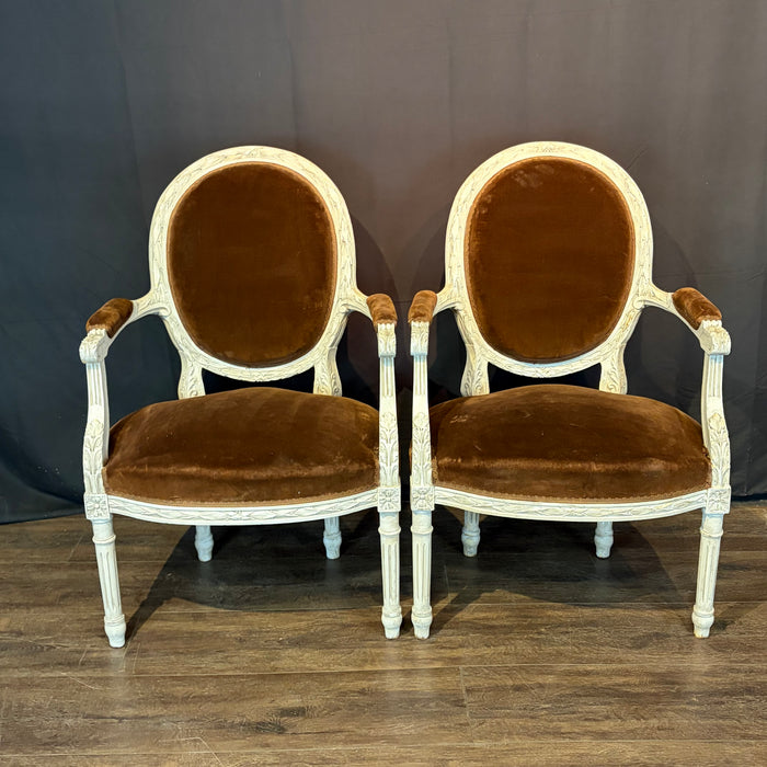 Pair of 19th Century French Louis XVI Carved and Painted Fauteuil Armchairs with Exceptional Carving