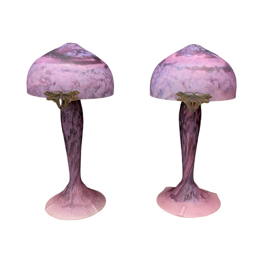 Pair of French La Rochere Art Nouveau Mushroom Table Lamps with Marbled Glass Shades and Bronze Dragonfly Details