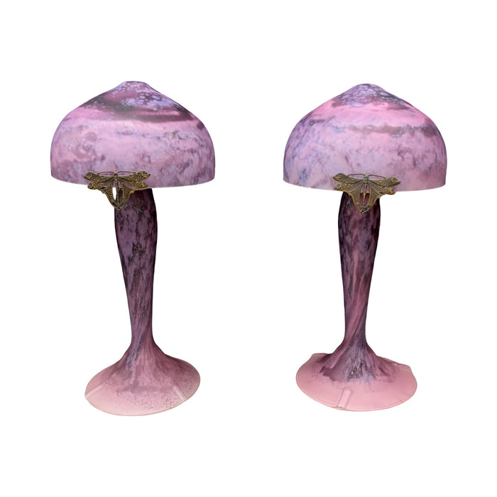 Pair of French La Rochere Art Nouveau Mushroom Table Lamps with Marbled Glass Shades and Bronze Dragonfly Details