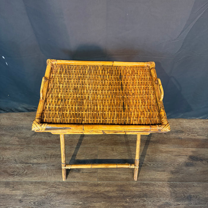 Pair of Midcentury Tortoiseshell Bamboo Folding Chairs with Bamboo and Rattan Tray Table