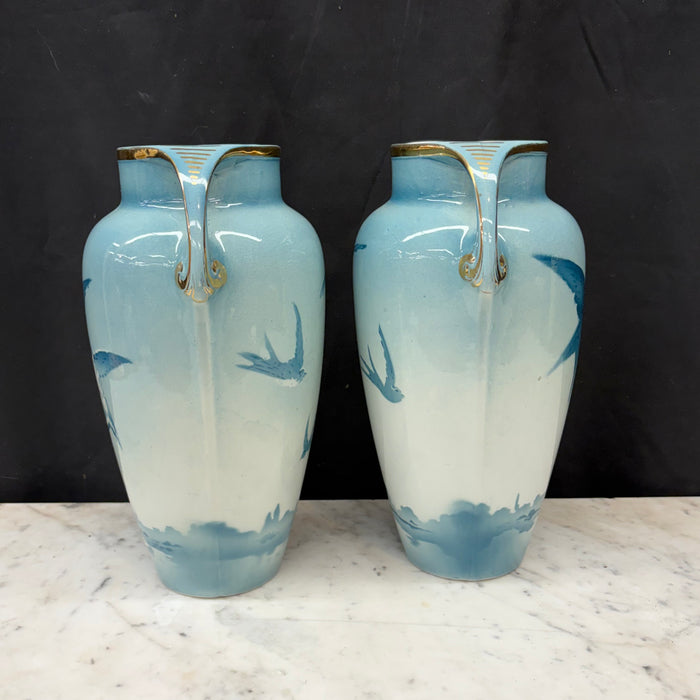 French Faience Three-Piece Vase and Jardinière Set with Swallows by Keller and Guerin
