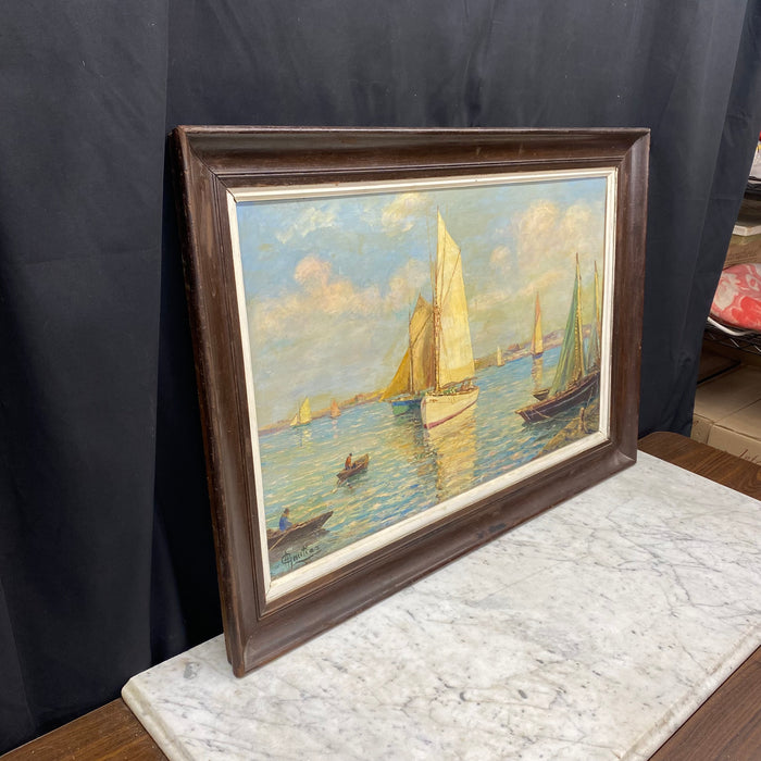 Mid-Century French Impressionist Oil Painting of Sailboats in a Harbor, Signed Gautier