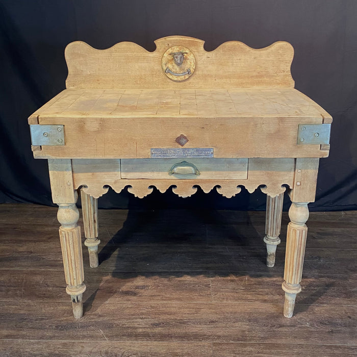 Antique French Butcher’s Block Table With Bull’s Head Mount and Rare Paris Maker's Label Jules Mareschal