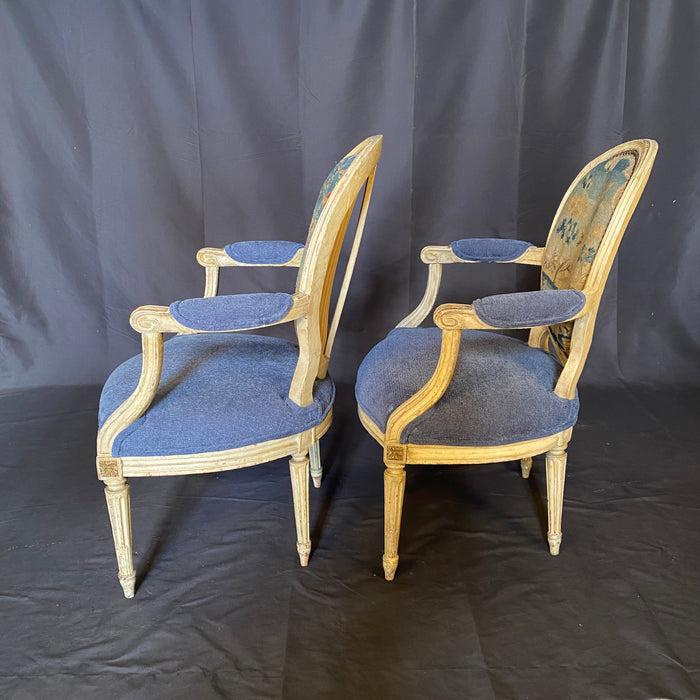 Pair of Early French Louis XVI Painted Armchairs or Fauteuils with Stunning Blue Aubusson Hunting Tapestry