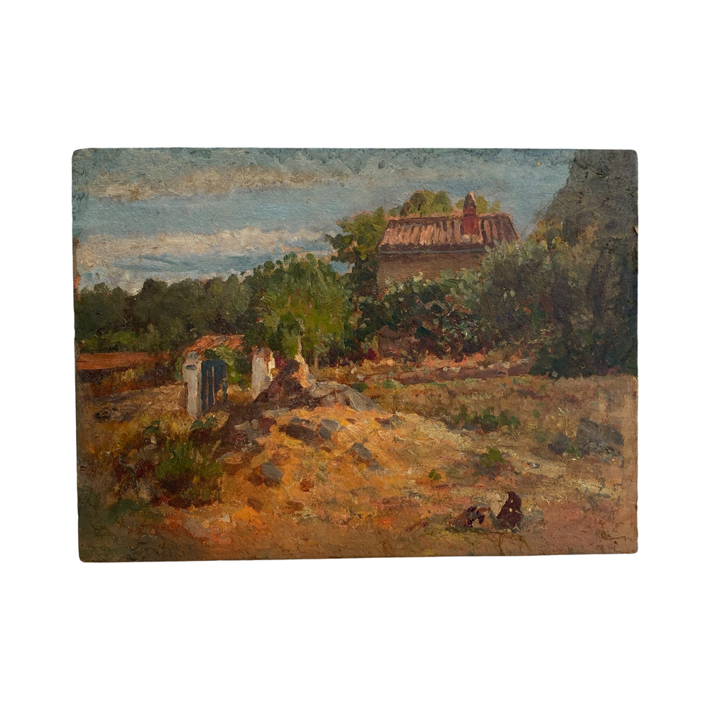 19th Century French Double Sided Impressionist Oil Painting on Board: Landscape