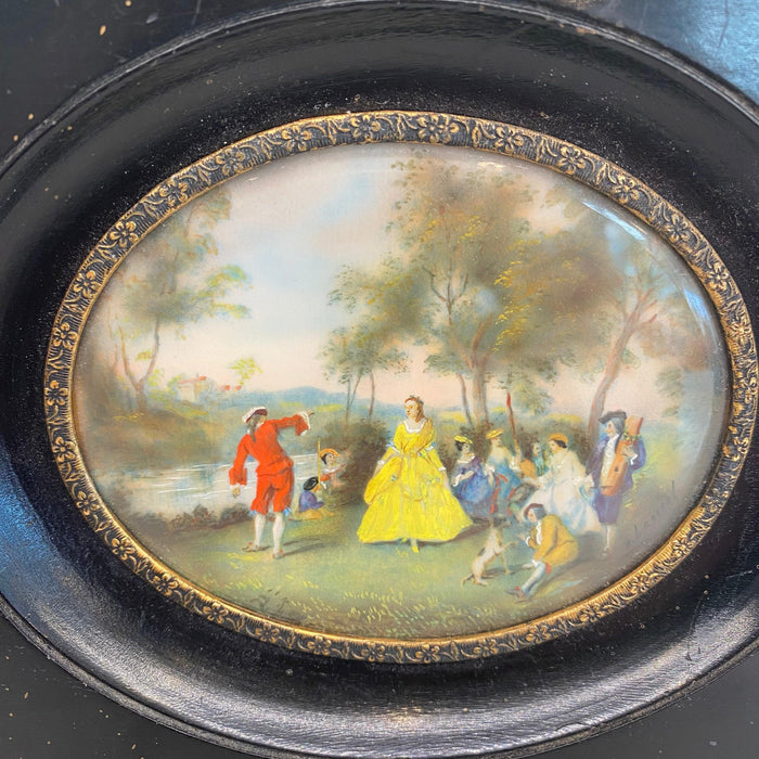 Early French Miniature Romantic Figural Oil Painting in Ebonized Frame