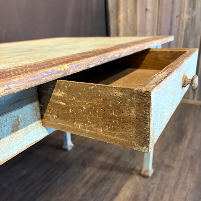 Antique French Provincial Painted Table or Desk with Drawer, Pale Blue Patina