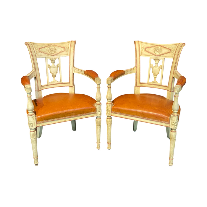 Spectacular Pair of French Neoclassical Figural Leather Armchairs or Fauteuils with Original Paint