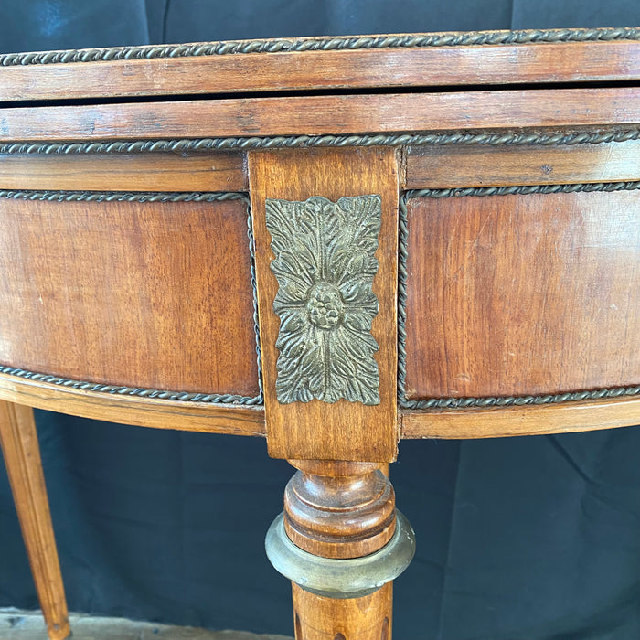 French 20th Century Inlaid Walnut Antique French Demilune Gaming Table or Console with Embossed Leather Game Surface