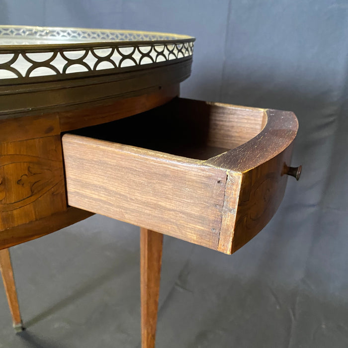 19th Century French Round Carrera Marble Top Side Table, Accent Table or Bouillotte Table with Exquisite Ribbon Marquetry and Bronze Gallery