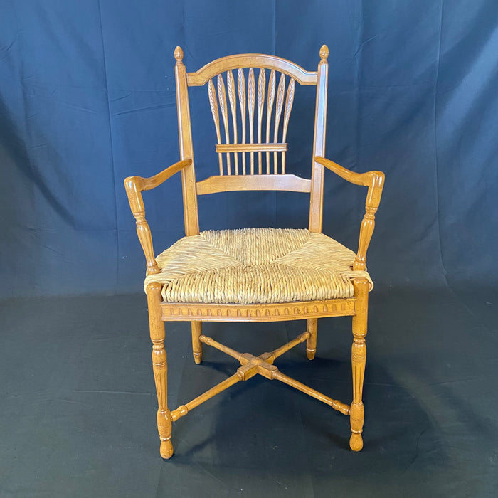 French Provincial Style Rush Seated Wheat Sheaf Arm Chairs or Dining Chairs, Set of 6