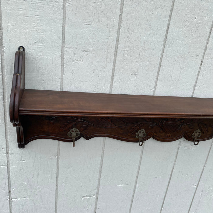 Antique Hand Carved 19th Century Walnut Hat and Coat Rack and Wall Shelf or Bookshelf with Hooks