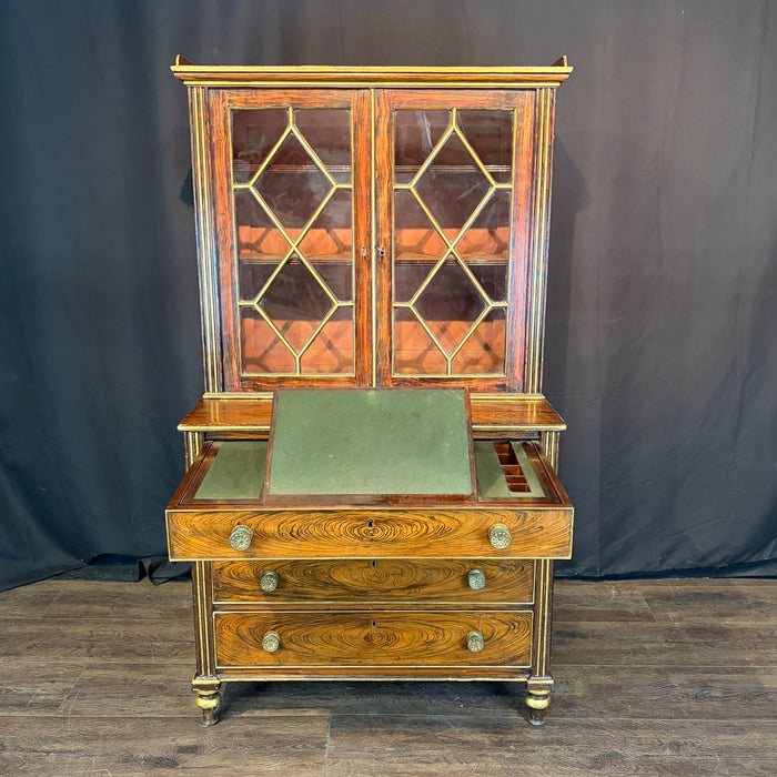 Early 19th Century English Regency Faux Rosewood Secretary Bookcase with Writing Drawer