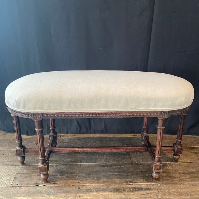19th Century French Louis XVI Carved Walnut Oval Bench or Ottoman with New Upholstery